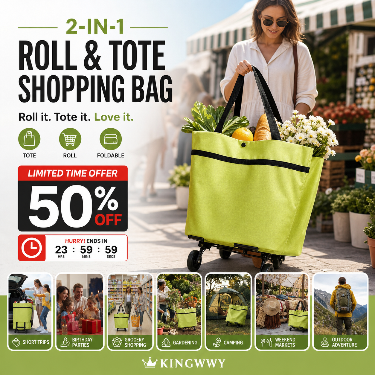 🛍️✨ Átalakítható bevásárlótáska – elrejti a kerekeket, 20 kg-ot bír, cipzárral bővíthető!