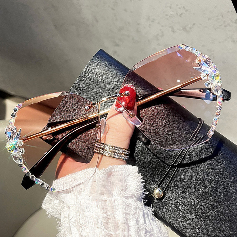 😎Vintage Rimless Rhinestone napszemüveg 🎉divat márka tervező napszemüveg 🥳divat retro vágó lencse gradiens napszemüvegek