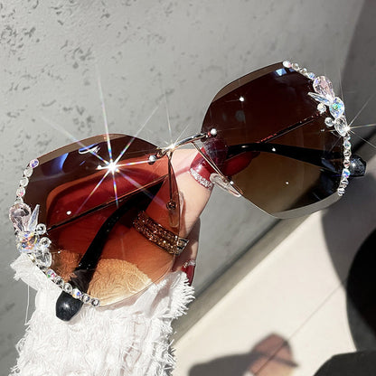 😎Vintage Rimless Rhinestone napszemüveg 🎉divat márka tervező napszemüveg 🥳divat retro vágó lencse gradiens napszemüvegek